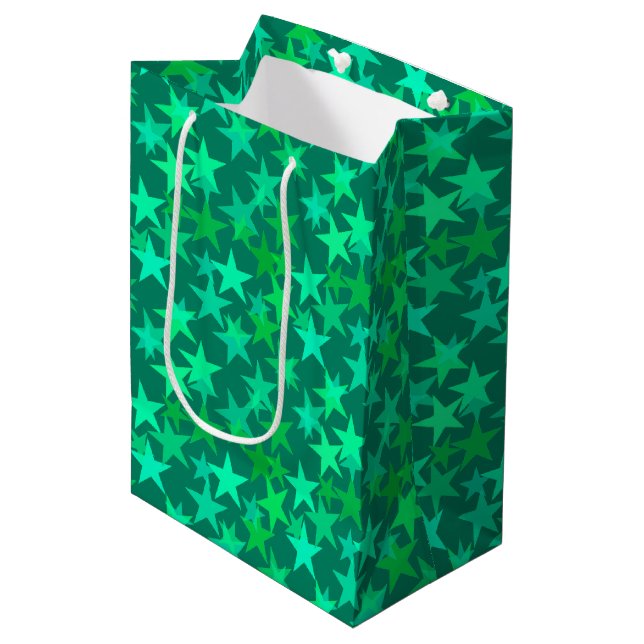 Modern Geometric Stars, Emerald and Mint Green Medium Gift Bag (Front Angled)