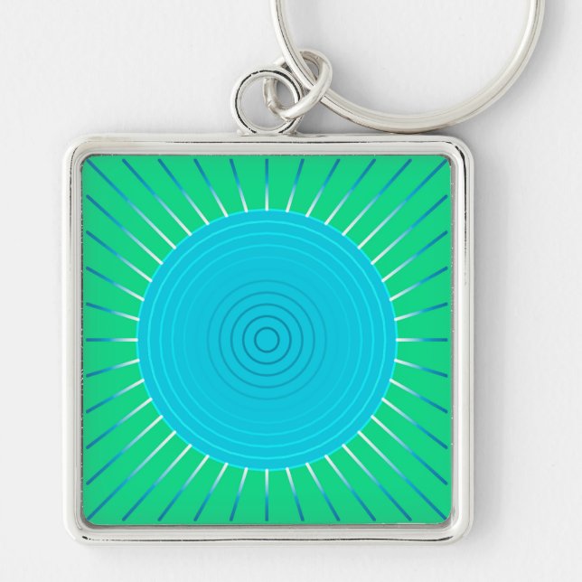 Modern Geometric Sunburst - Blue and Jade Green Key Ring (Front)