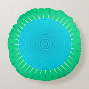 Modern Geometric Sunburst - Blue and Jade Green Round Cushion