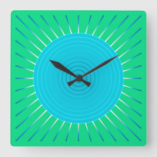 Modern Geometric Sunburst - Blue and Jade Green Square Wall Clock