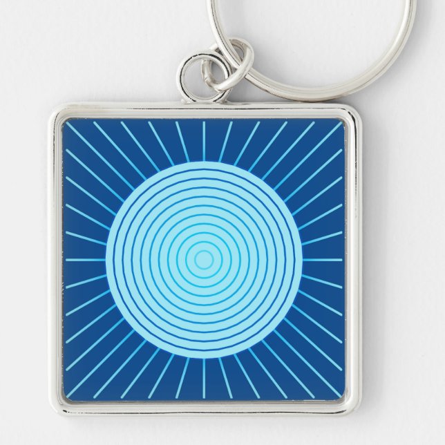 Modern Geometric Sunburst - Cobalt Blue and Aqua Key Ring (Front)