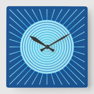 Modern Geometric Sunburst - Cobalt Blue and Aqua Square Wall Clock