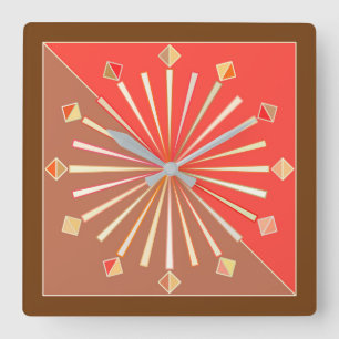 Modern Geometric Sunburst, Coral Orange and Tan Square Wall Clock