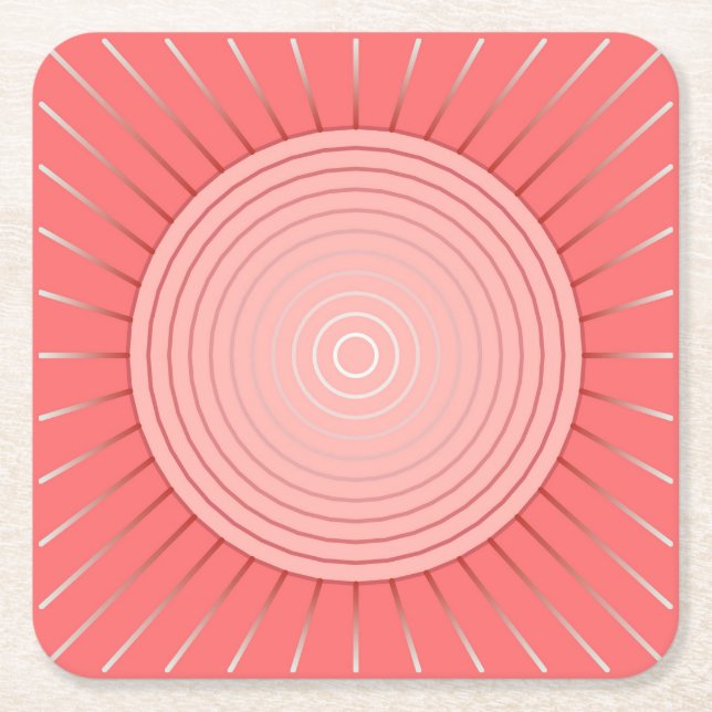 Modern Geometric Sunburst - Deep Coral Pink Square Paper Coaster (Front)