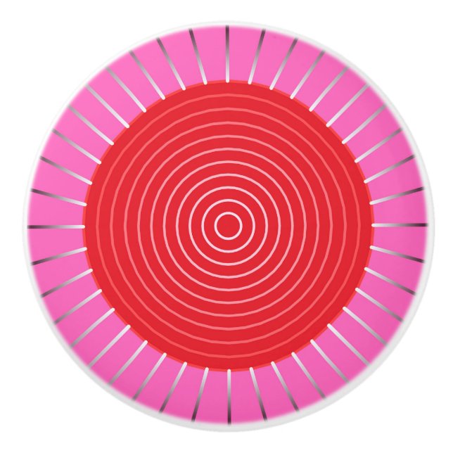 Modern Geometric Sunburst - Fuchsia and Red Ceramic Knob (Front)