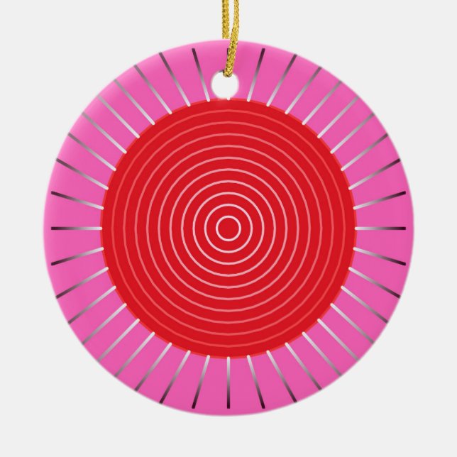 Modern Geometric Sunburst - Fuchsia and Red Ceramic Tree Decoration (Front)