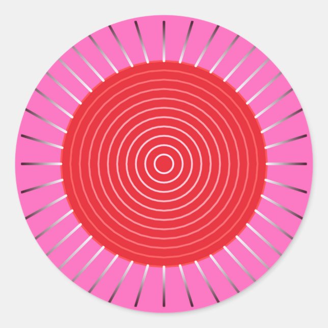 Modern Geometric Sunburst - Fuchsia and Red Classic Round Sticker (Front)