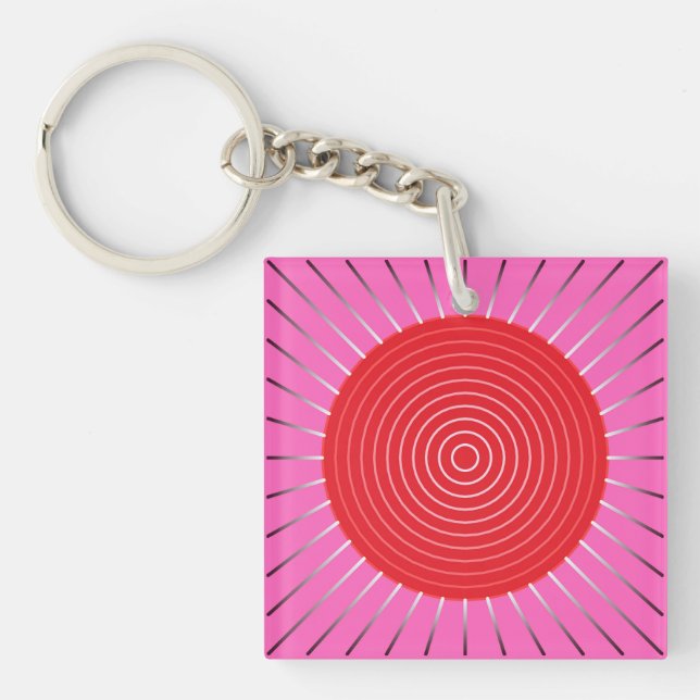 Modern Geometric Sunburst - Fuchsia and Red Key Ring (Front)