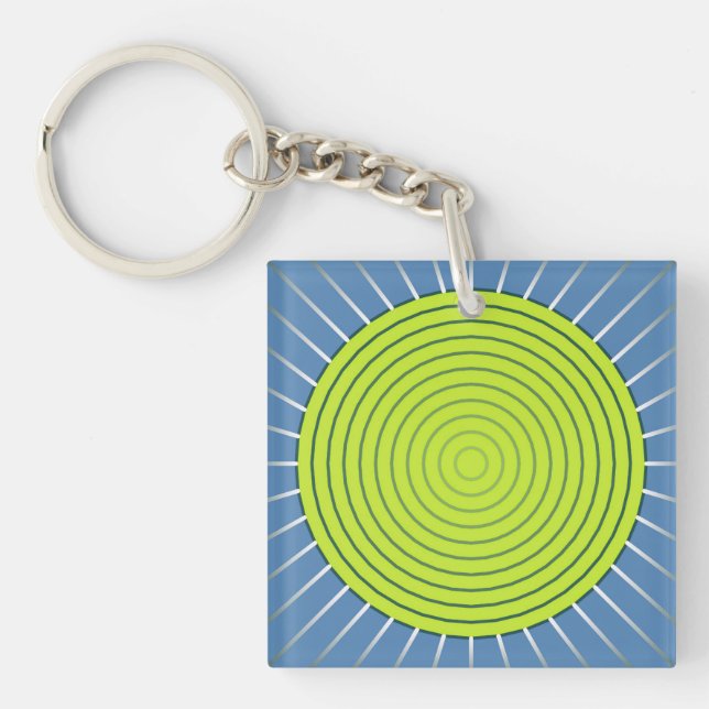 Modern Geometric Sunburst - Lime and Denim Blue Key Ring (Front)
