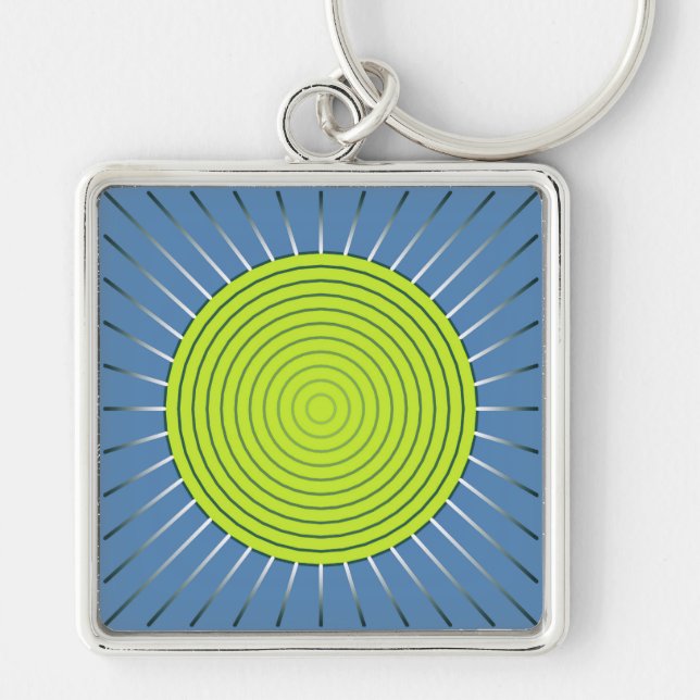 Modern Geometric Sunburst - Lime and Denim Blue Key Ring (Front)