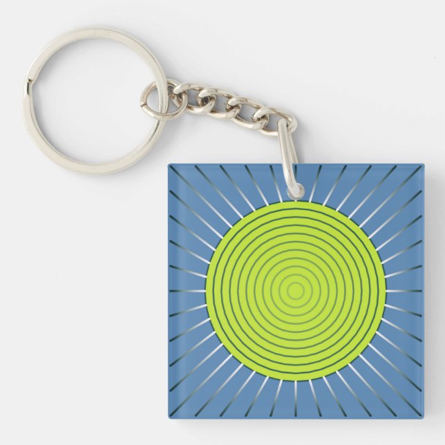 Modern Geometric Sunburst - Lime and Denim Blue Key Ring (Front)