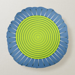 Modern Geometric Sunburst - Lime and Denim Blue Round Cushion