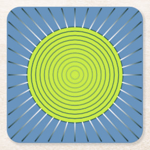 Modern Geometric Sunburst - Lime and Denim Blue Square Paper Coaster