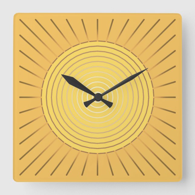 Modern Geometric Sunburst - Mustard Gold / Yellow Square Wall Clock (Front)