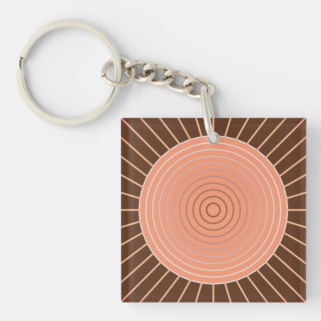Modern Geometric Sunburst - Peach and Brown Key Ring (Front)
