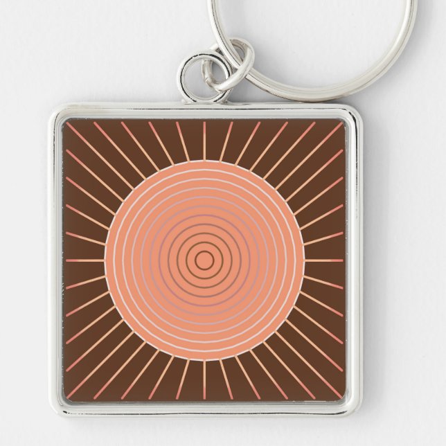 Modern Geometric Sunburst - Peach and Brown Key Ring (Front)