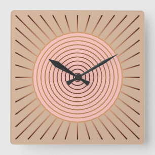 Modern Geometric Sunburst - Peach and Tan Square Wall Clock