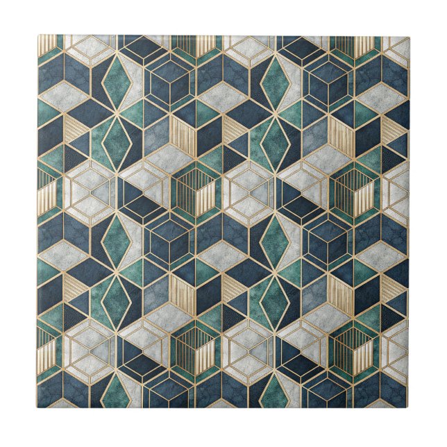 Modern Geometric Teal & Gold Abstract Pattern Tile (Front)