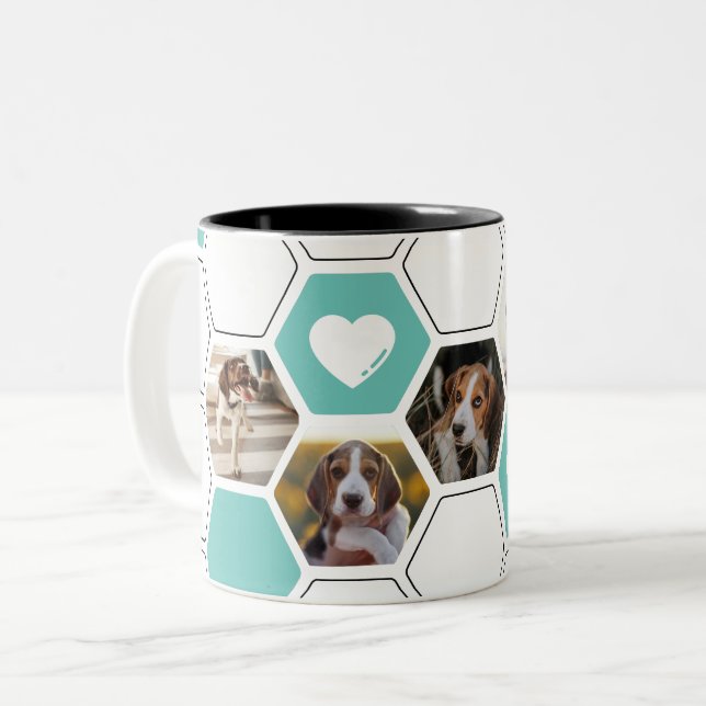 Modern Geometric Teal Heart Paw Dog Photo Keepsake Two-Tone Coffee Mug (Front Left)