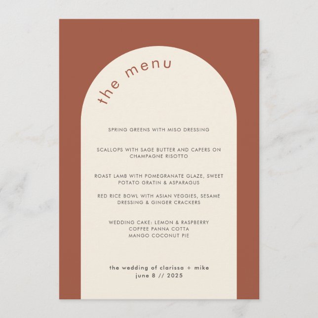Modern Geometric Terracotta Beige Arch Wedding  Menu (Front)