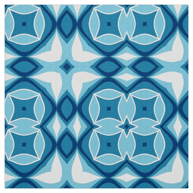 Modern Geometric Tile Pattern Denim Blue & White   Fabric (Swatch)