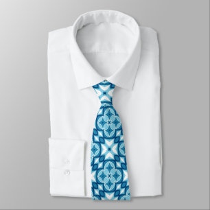 Modern Geometric Tile Pattern Denim Blue & White Tie