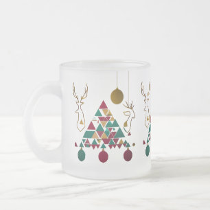 Modern Geometric Triangle Tree & Gold Reindeer Fro Frosted Glass Coffee Mug