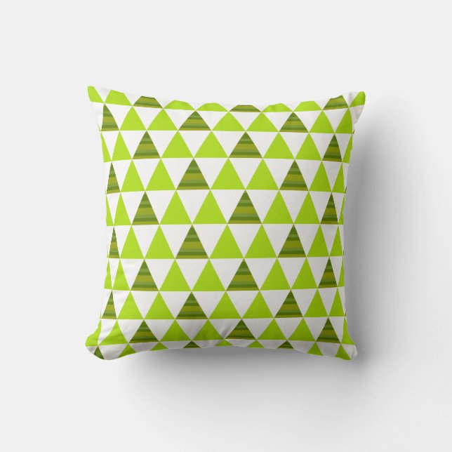 Modern Geometric Triangles Green & White Pattern Cushion (Front)
