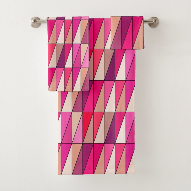 Modern Geometric Triangles, Violet, Pink and Beige Bath Towel Set (Insitu)