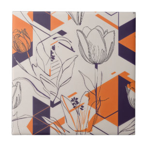 Modern Geometric Tulip Line Art Pattern (5) Tile
