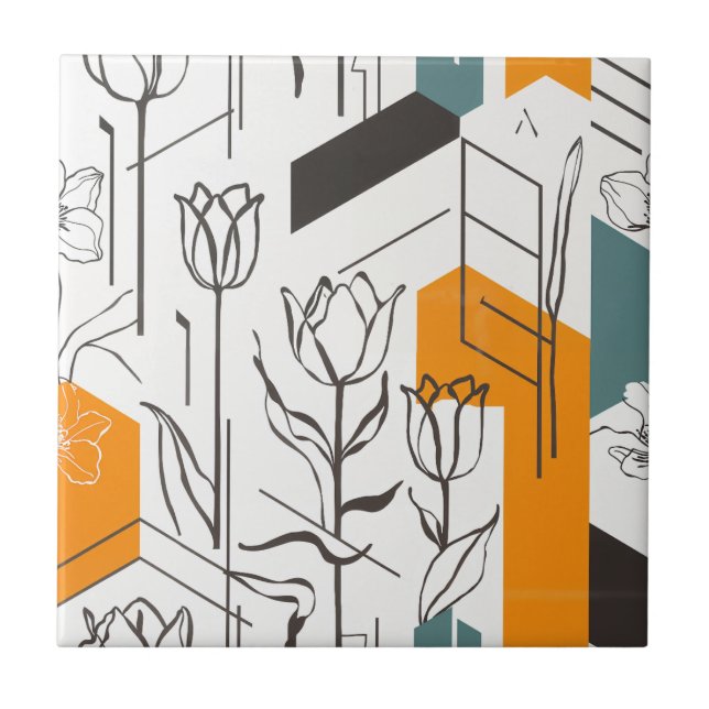 Modern Geometric Tulip Line Art Pattern Tile (Front)