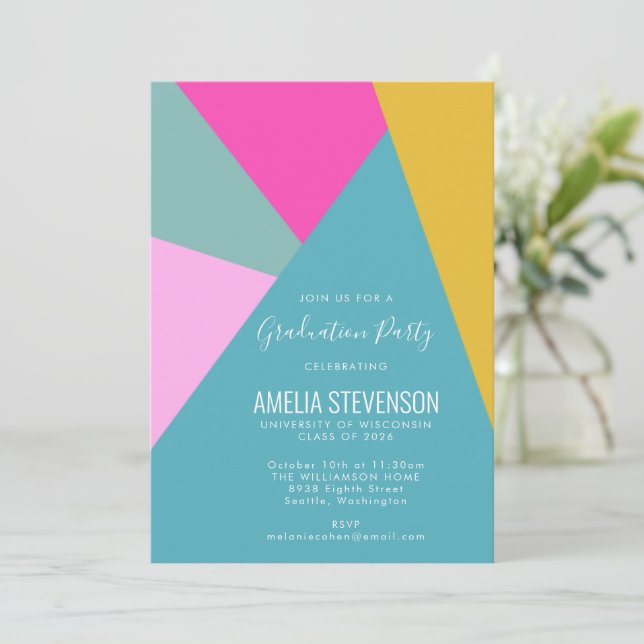 Modern Geometric Turquoise Pink Graduation Party Invitation (Standing Front)