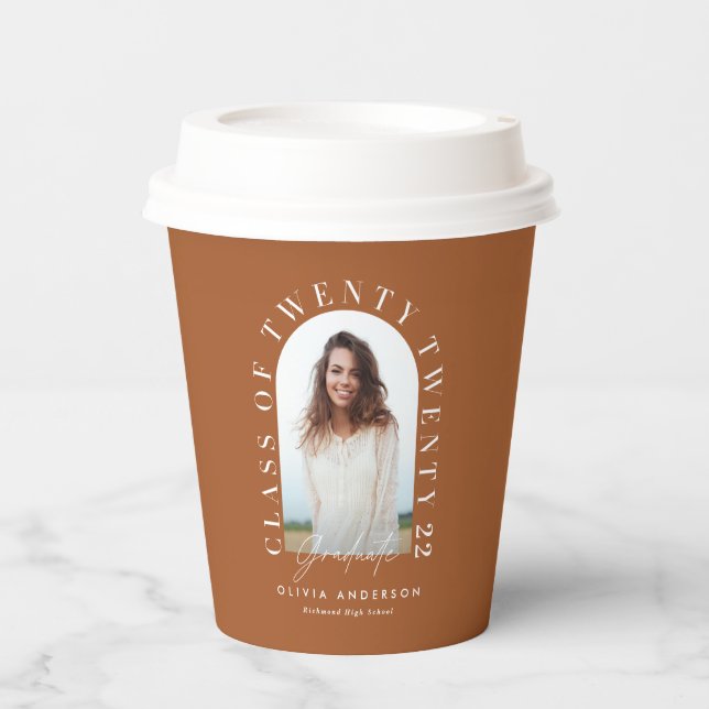 Modern geometric typography photo arch graduation paper cups (Front)