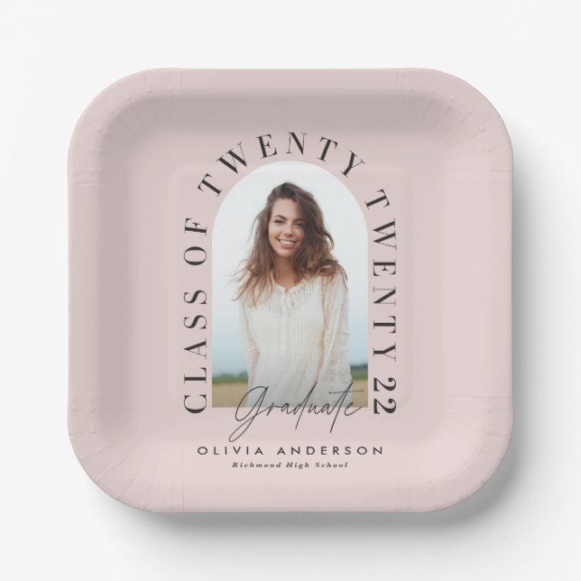 Modern geometric typography photo arch pink paper plate (Front)