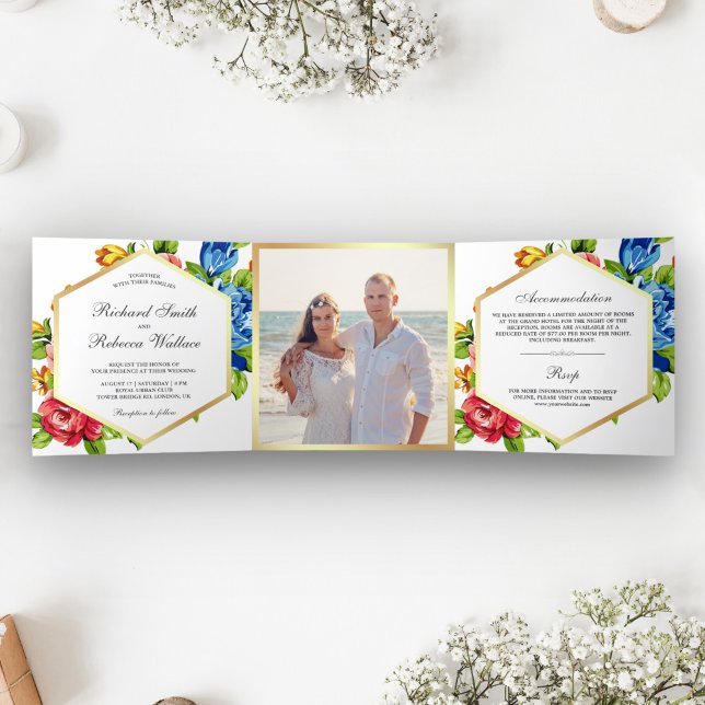 Modern Geometric Vibrant Floral Photo Wedding Tri-Fold Invitation (Creator Uploaded)