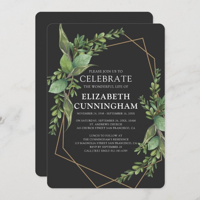 Modern Geometric Watercolor Foliage Memorial Invitation (Front/Back)