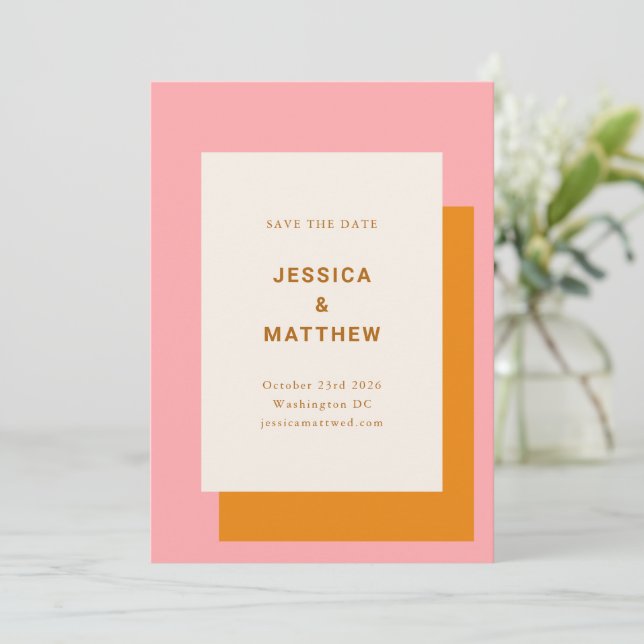 Modern Geometric Wedding Save The Date Pink Orange (Standing Front)