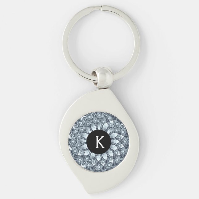 Modern Geometric White Diamonds Mandala Monogram Key Ring (Front)