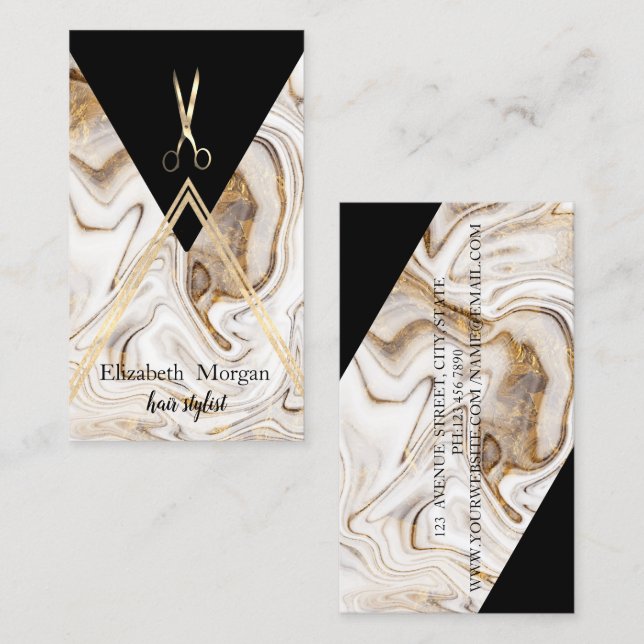 Modern Geometric White Marble Gold,Scissors  Business Card (Front/Back)