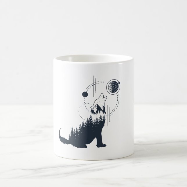 Modern Geometric Wolf Forest Double Exposure Coffee Mug (Center)