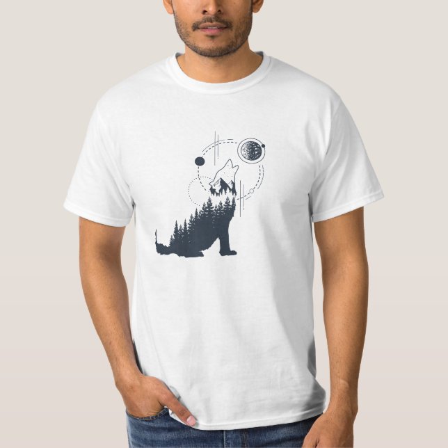 Modern Geometric Wolf Forest Double Exposure T-Shirt (Front)