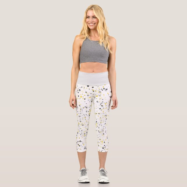 Modern Geometric Yellow Grey Terrazzo Pattern Capri Leggings (Front)