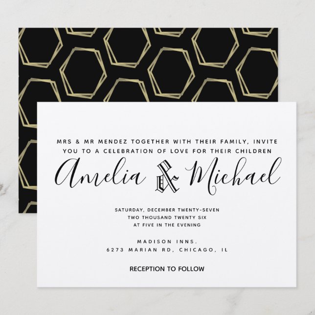 Modern Geometrical Gold and Black Wedding Kraft Invitation (Front/Back)