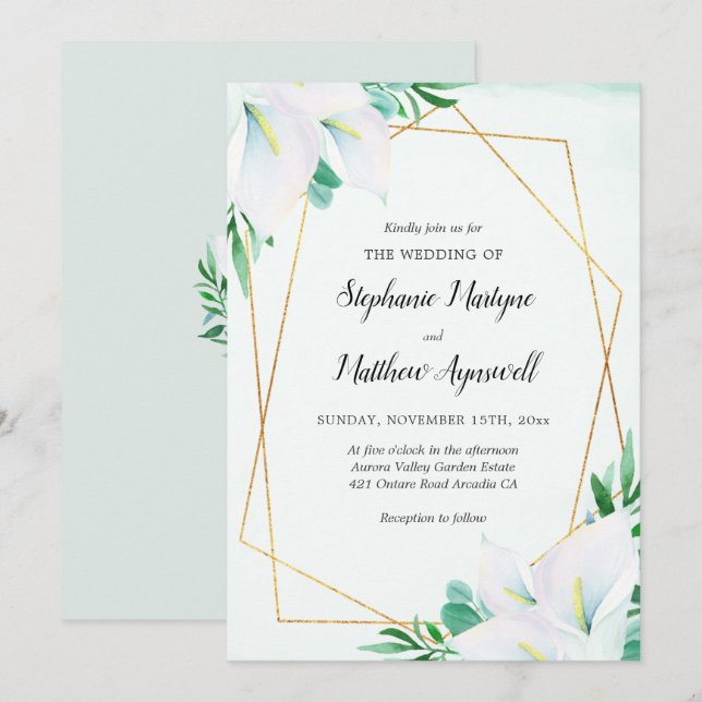 Modern Geometrical White Calla Lily Floral Wedding Invitation (Front/Back)