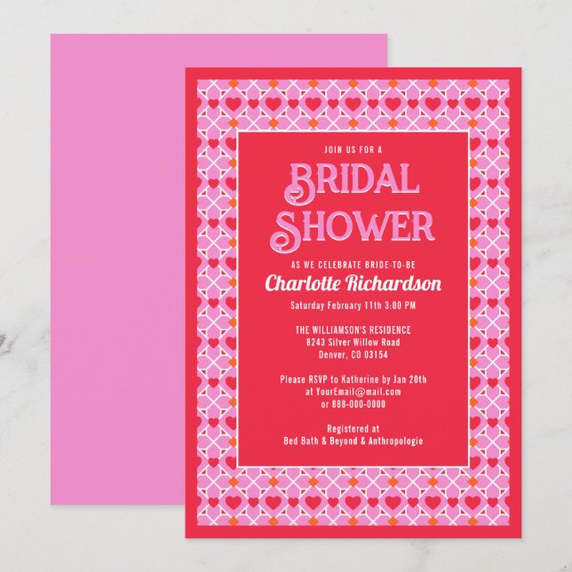 Modern Geometry Pink Heart Pattern Bridal Shower Invitation (Front/Back)