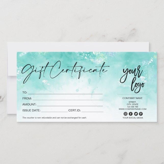 modern gift card certificate add logo aqua blue (Front)