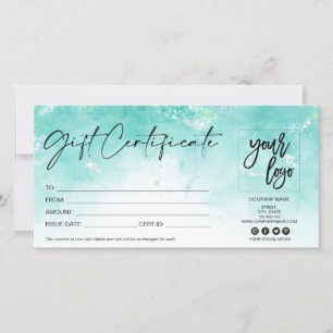 modern gift card certificate add logo aqua blue