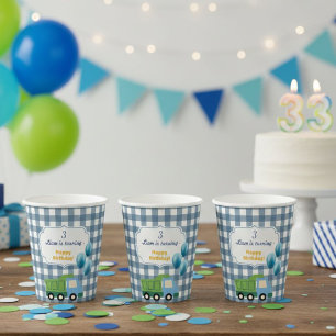 Modern Gingham Blue Construction 3rd Birthday Paper Cups