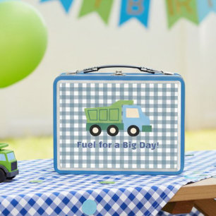 Modern Gingham Blue Dump Truck Fuel for a Big Day Metal Lunch Box