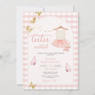 Modern Gingham Butterfly Pink Tutu Ballerina  Invitation